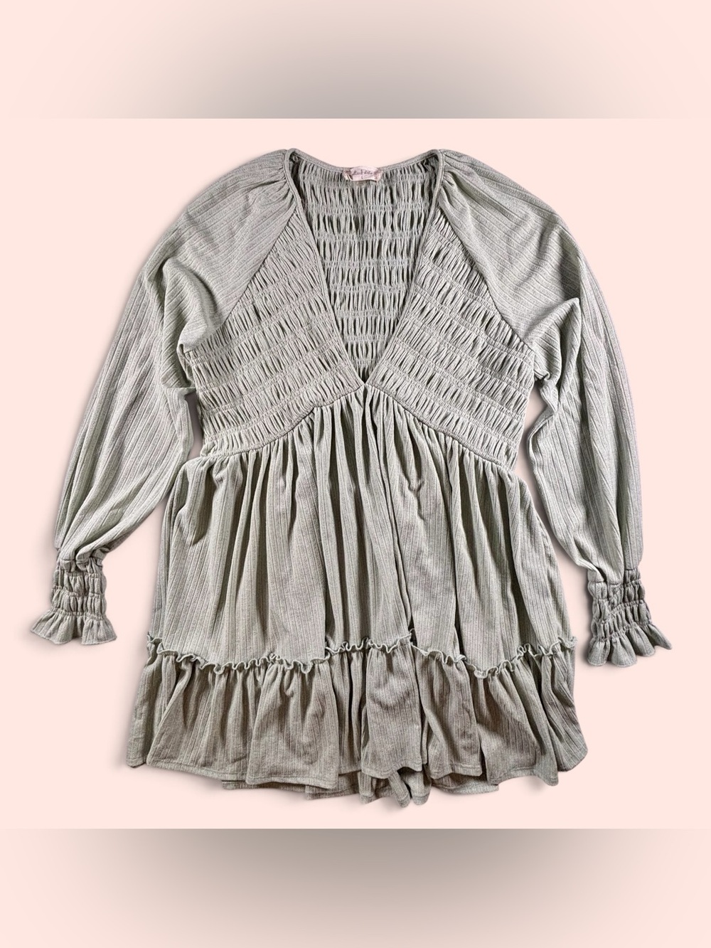 Alter’d State Sage Green Smocked Tiered Mini Dress Long Sleeve Size L